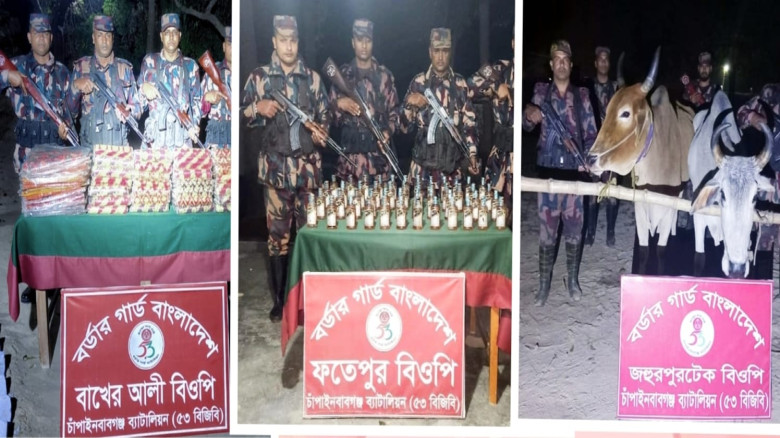 সীমান্তে ৫৩ বিজিবির পৃথক পৃথক অভিযানে ভারতীয় মদ, শ...